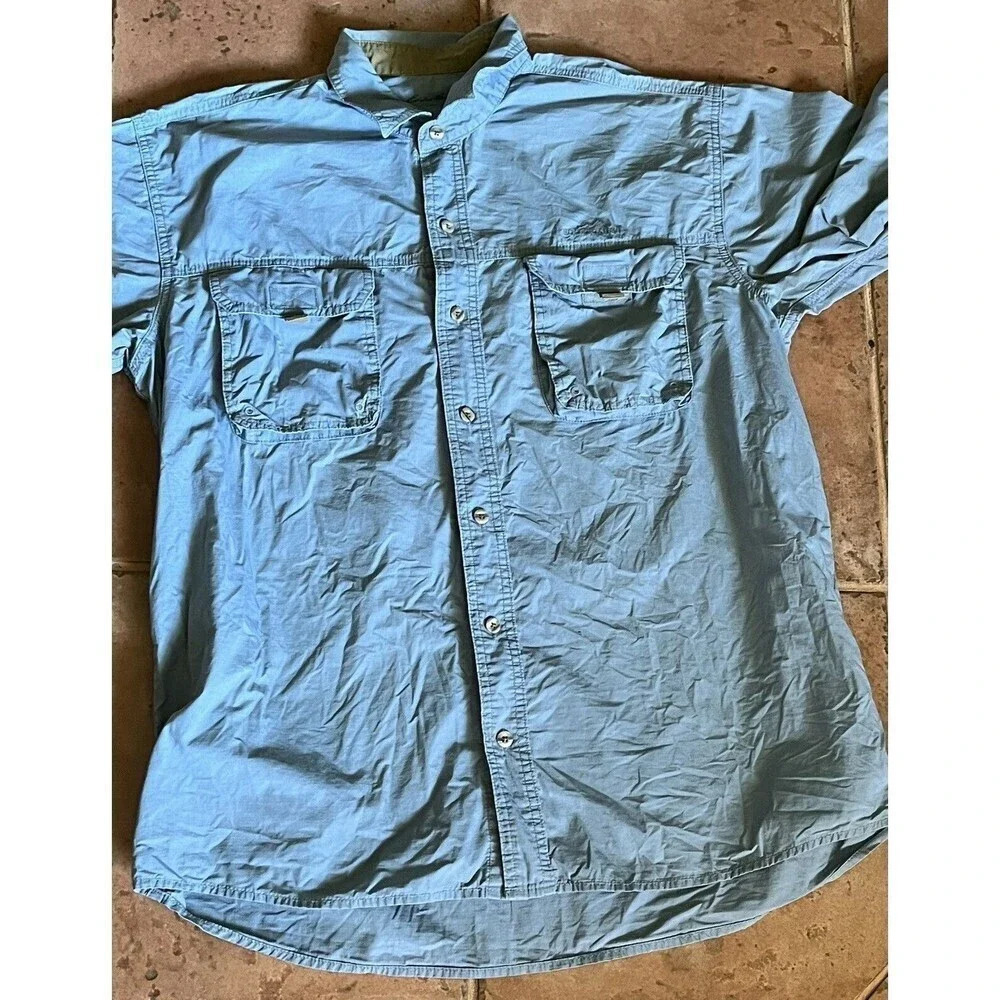 Eddie Bauer Men’s Blue Short Sleeve Button-Up Shirt Size L Outdoor Hiking Fish - Picture 9 of 10